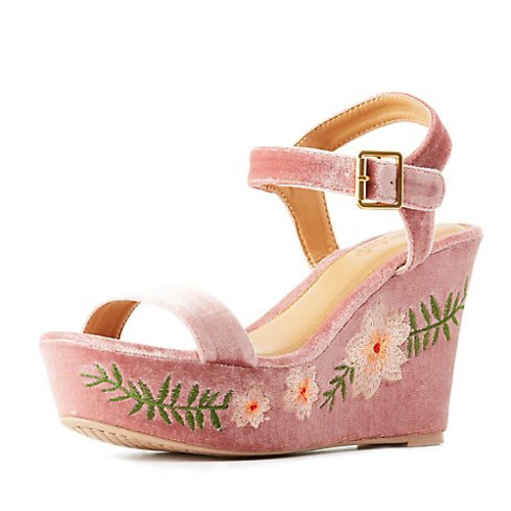 Velvet Embroidered Wedge Sandals - NWT